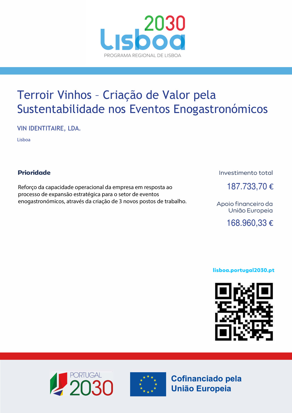 Ficha de operação LISBOA2030 do projeto Terroir Vinhos: VIN IDENTITAIRE, LDA., Lisboa; investimento total 187.733,70 €; apoio financeiro da União Europeia 168.960,33 €
